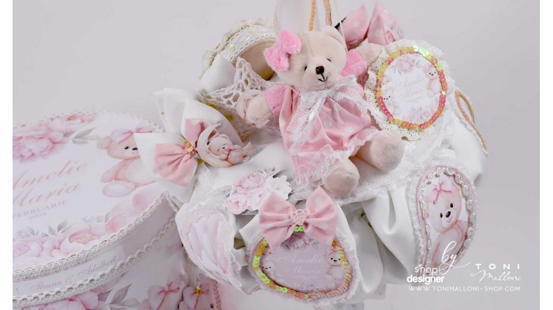 Lumanare de botez roz pal cu ursuleti de plus Teddy Bear Pink 2024 7
